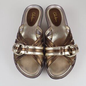 COLE HAAN Womens 9B Platform Sandals Slip Ons Gold Brown
